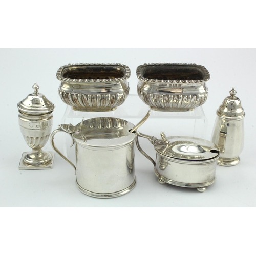 451 - Mixed lot of seven silver cruet items, comprising two mustard pots (both have blue glass liners), tw... 