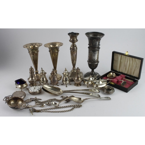 452 - Mixed Silver. A group of mixed silver including serving spoons, cruets, vases, pocket watch (not wor... 