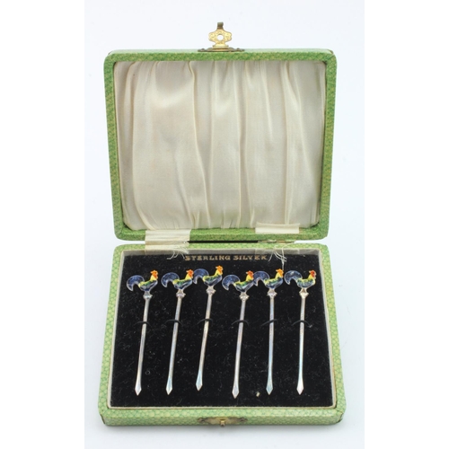 458 - Set of six Sterling Silver enamel cocktail sticks, depicting cockerels, length 80mm approx., contain... 