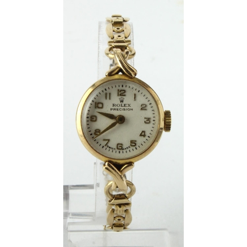 46 - Ladies 9ct Rolex Precision wristwatch, hallmarked London 1958. The white dial with gilt arabic numer... 