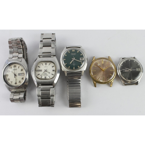 48 - Seiko, five automatic gents wristwatches. Models to include; Weekdater (Sea Lion M55), Sportsmatic, ... 