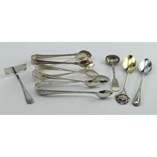 483 - Mixed lot of silver flatware comprising four pairs of silver sugar tongs, silver spoon and pusher, s... 