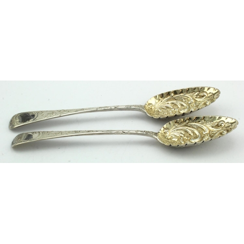 484 - Pair of Georgian silver berry spoons, hallmarked 'PBABWB, London 1802 / 1803' (Peter, Ann & William ... 