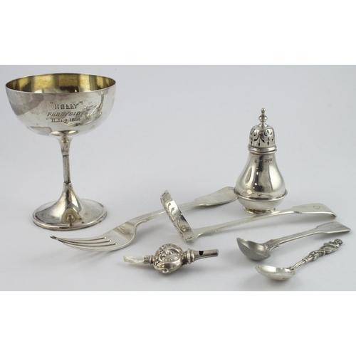 487 - Mixed Silver. A group of mixed silver items, including a cup, flatware, pepper pot, etc., silver wei... 