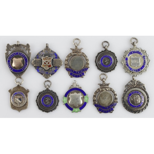 488 - Assortment of ten silver fob medals/pendants, all with a full silver hallmark. Gross weight 109.8g