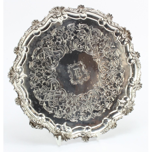 496 - Victorian, small silver pie- crust salver/waiter on three scroll feet, hallmarked WKR London 1852. W... 