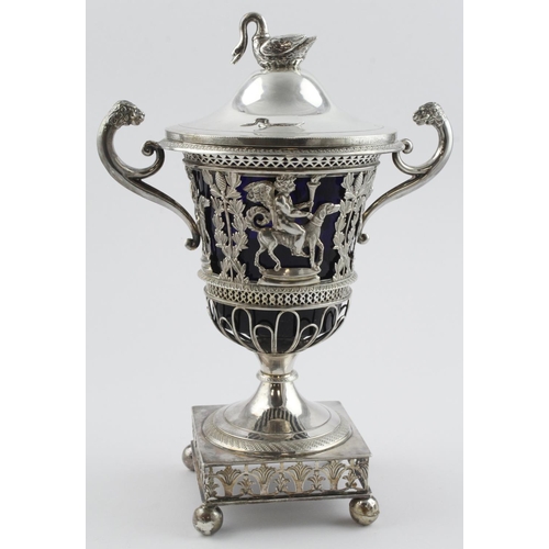 497 - French silver sugar vase, circa late 18th Centur, ornately decorated, including lion head twin handl... 