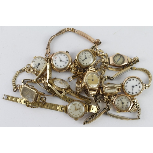 50 - Assortment of eleven ladies 9ct cased wristwatches, on rolled gold/metal core bracelets, one with su... 