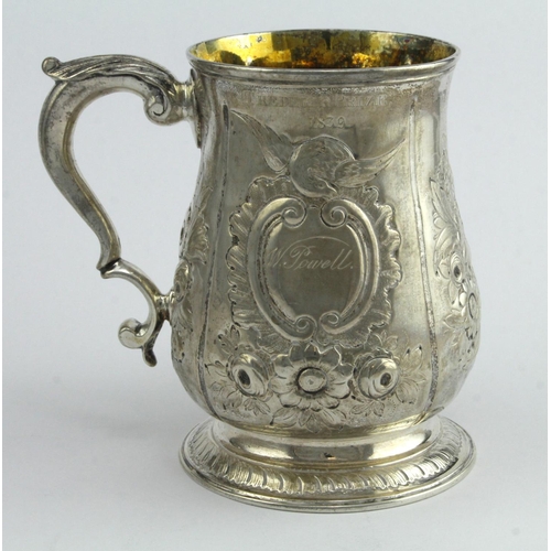 500 - George II silver trophy tankard, with ornate floral decoration, hallmarked 'T.R, London 1754', engra... 