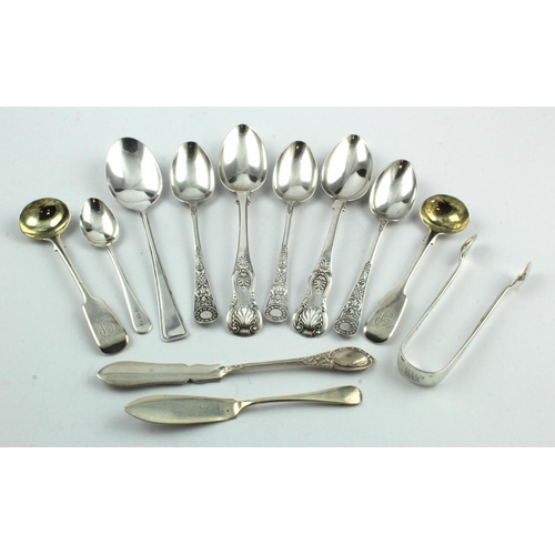 501 - Mixed lot of silver flatware comprising five Victorian items (two salt spoons, two teaspoons and a p... 