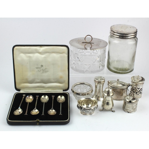 506 - Mixed Silver. A collection of various silver items, including cruets, cased set of six teaspoons, si... 