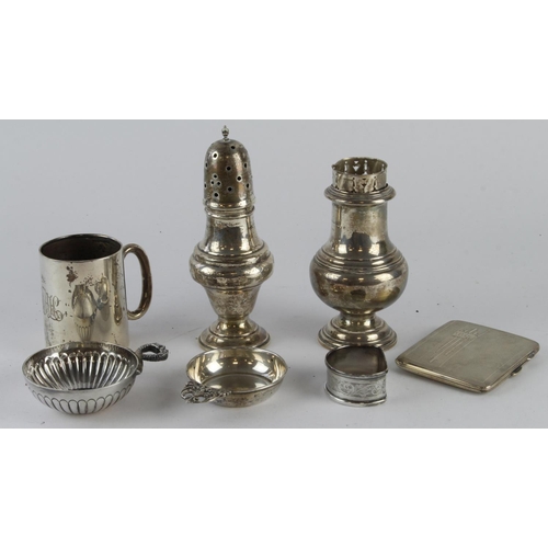 507 - Mixed Silver. A collection of various silver items, including christening mug, sugar sifter, wine ta... 