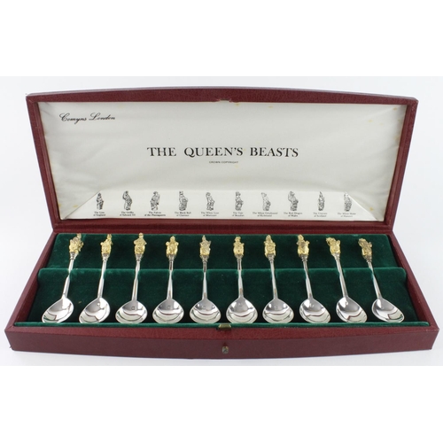 528 - The Queens Beasts. A set of ten cased silver hallmarked spoons. Made to commemorate the Queens silve... 