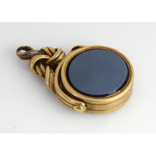 536 - Yellow gold (tests 18ct) vintage swivel pocket watch fob, set with bloodstone and onyx, length 30mm,... 