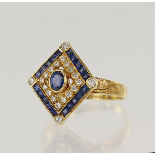 554 - 18ct yellow gold diamond and sapphire cluster ring, principle oval sapphire approx. 4mm x 3mm, surro... 