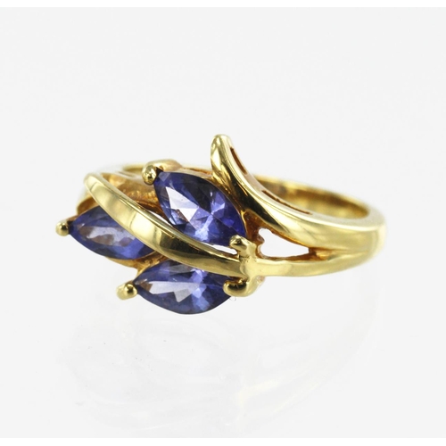 559 - 18ct yellow gold tanzanite trilogy dress ring, three marquise cuts all approx. 8mm x 4mm each, TGW 1... 