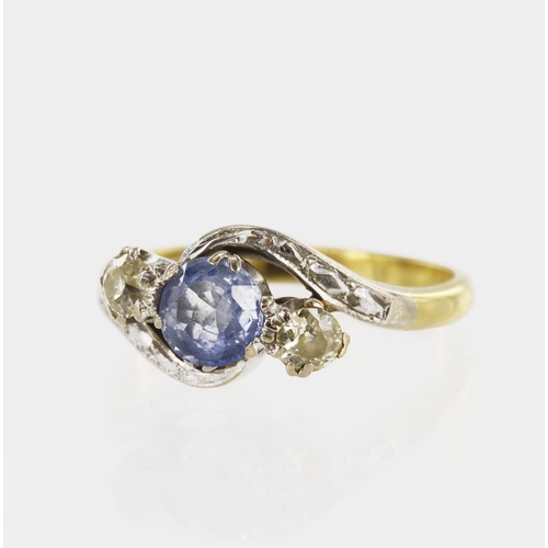 567 - Yellow gold (tests 18ct) diamond and sapphire trilogy ring, one round cornflower blue sapphire measu... 