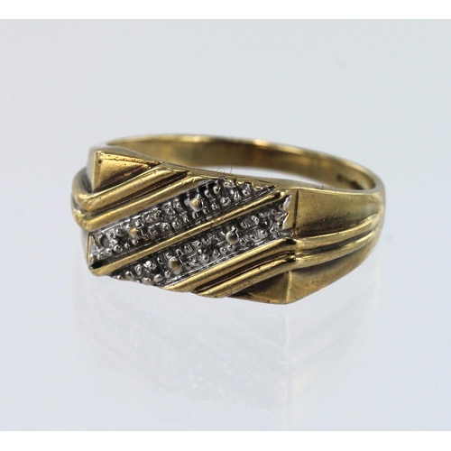 575 - 9ct yellow gold signet ring, rectangular table highlighted with diamonds in white gold, table measur... 