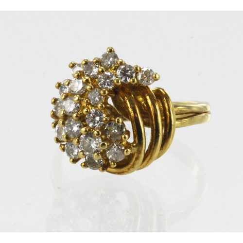 581 - Yellow gold (tests 18ct) diamond cluster ring, nineteen round brilliant cuts TDW approx. 0.58ct, hea... 