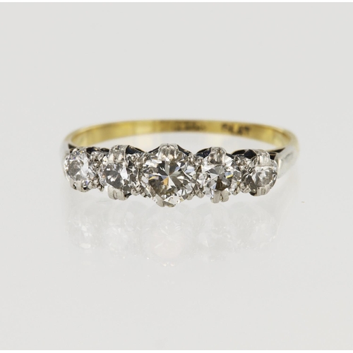 585 - Yellow gold (tests 18ct) diamond dress ring, five graduating diamonds principle approx. 0.37ct, TDW ... 