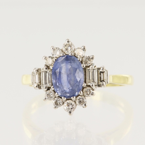 588 - 18ct yellow gold diamond and sapphire cluster ring, one oval sapphire approx. 7mm x 5mm, surrounded ... 