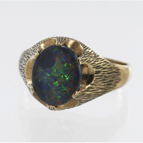 609 - 9ct yellow gold black opal triplet gypsy ring, black opal triplet measures 11mm x 10mm, finger size ... 