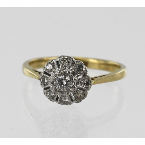 611 - Yellow gold (tests 18ct) vintage diamond cluster ring, principle round brilliant cut approx. 0.10ct,... 