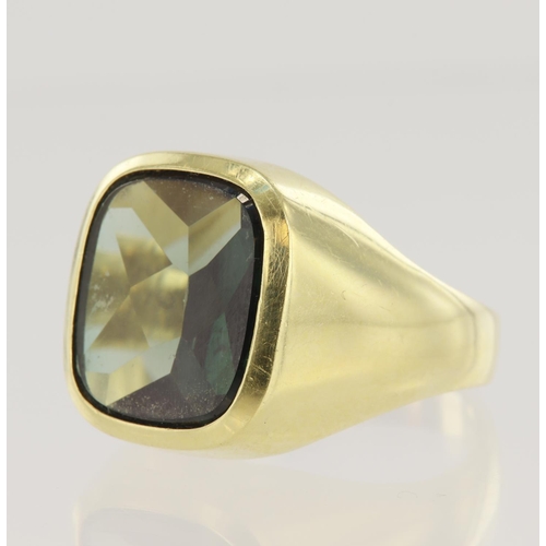 615 - Yellow gold (tests 18ct) stone set signet ring, synthetic spinel measures 15mm x 13mm, finger size X... 