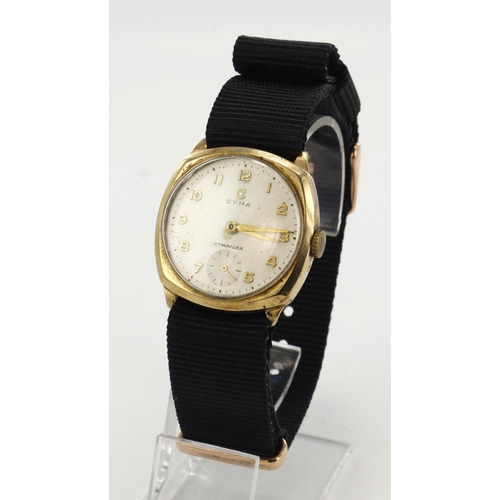 62 - Gents 9ct cased Cyma Cymaflex manual wind wristwatch, hallmarked 1956. The cream dial with gilt Arab... 