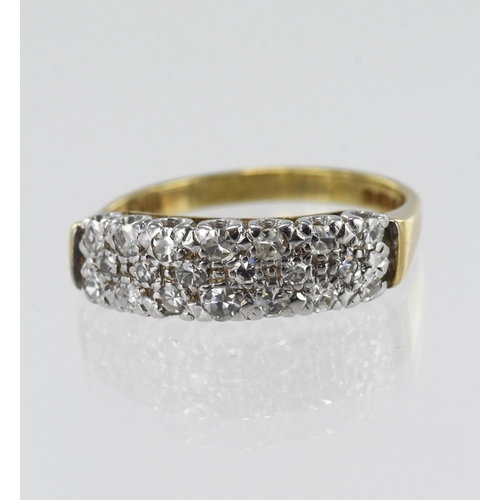 620 - 18ct yellow gold diamond dress ring, three rows of single cut diamonds in a white gold pave setting,... 