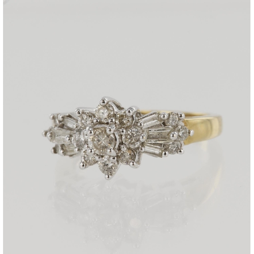 622 - Yellow gold (tests 14ct) diamond cluster dress ring, set with round brilliant cut and baguette cut d... 