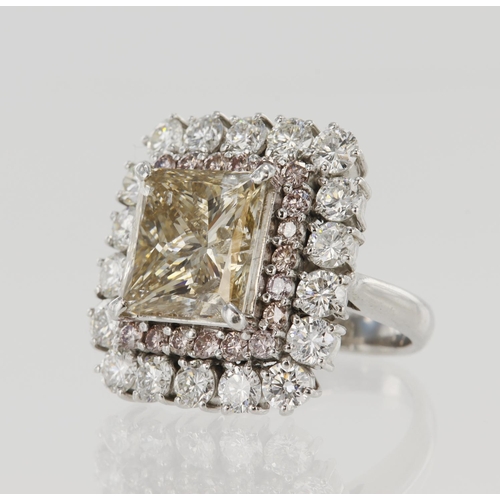 625 - Platinum (tests 900) diamond double cluster cocktail ring, principle princess cut champagne diamond ... 