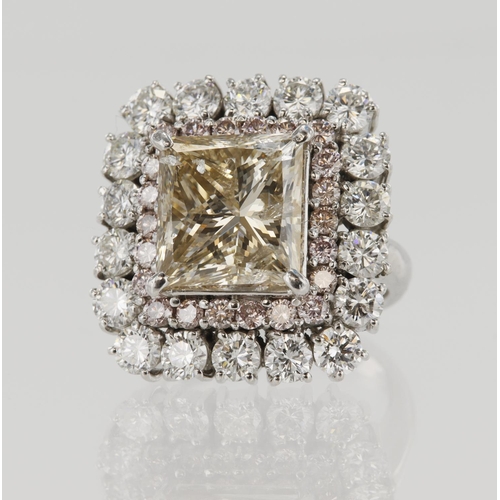 625 - Platinum (tests 900) diamond double cluster cocktail ring, principle princess cut champagne diamond ... 