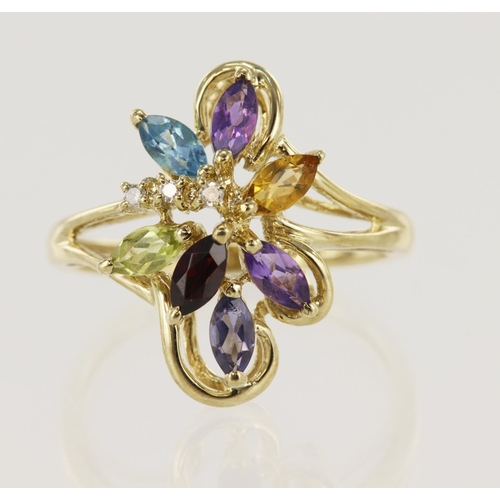 627 - 9ct yellow gold multigem set ring, stones include diamond, tanzanite, peridot, topaz, garnet, amethy... 