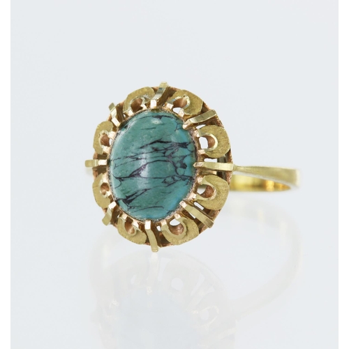 629 - Yellow gold (tests 18ct) synthetic turquoise dress ring, head measures 15mm x 14mm, finger size O/P,... 