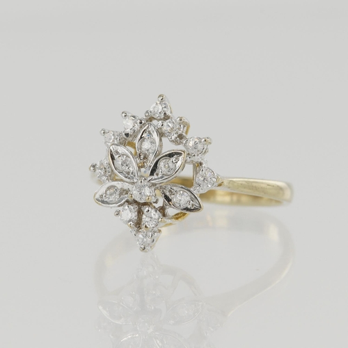 636 - 9ct yellow gold diamond cluster ring, TDW approx. 0.24ct, finger size L/M, weight 2.3g.