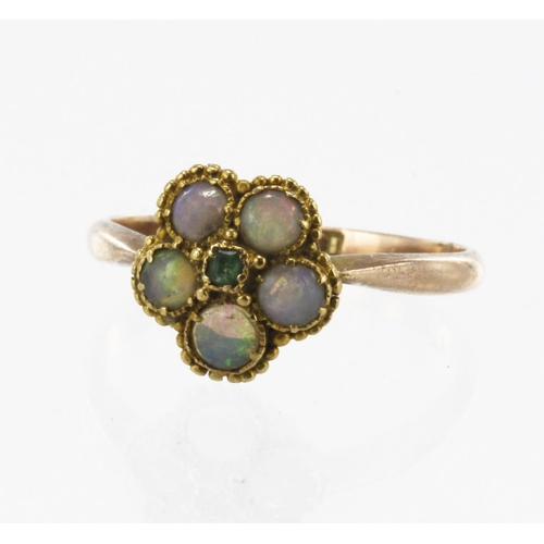 644 - Rose gold (tests 15ct) vintage emerald and opal daisy cluster ring, one step cut emerald approx. 1.8... 