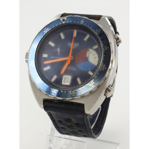 66 - Heuer Skipper Automatic gents chronograph wristwatch. The blued dial with baton markers, colour code... 