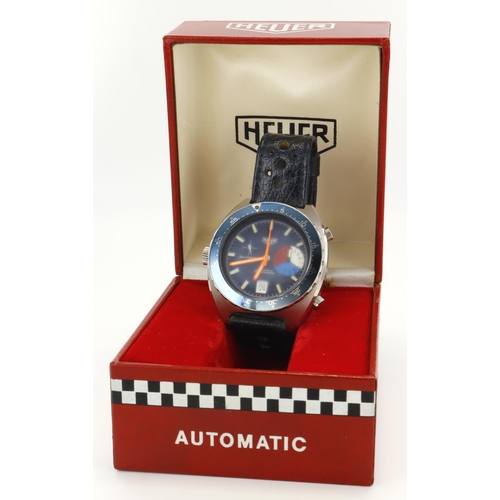 66 - Heuer Skipper Automatic gents chronograph wristwatch. The blued dial with baton markers, colour code... 