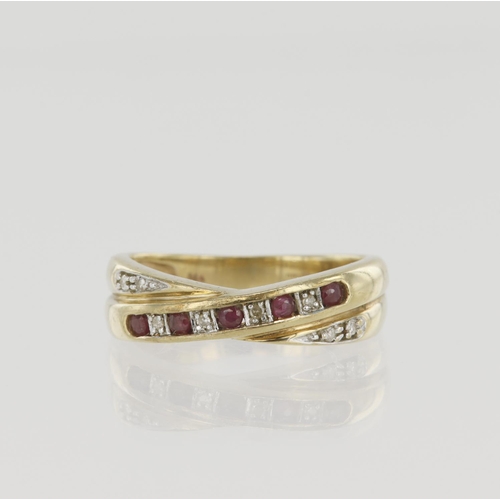 660 - 9ct yellow gold diamond and ruby cross over half eternity ring, set with five round approx. 1.8mm ru... 