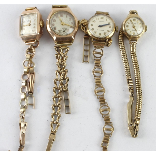 73 - Four ladies 9ct cased wristwatches, all on fixed 9ct bracelets. To include a Rotary, Zefyr, Albion a... 