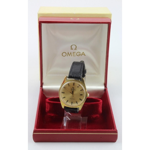 77 - Gents gold plated Omega Geneve wristwatch, circa 1972. The gold dial with black baton markers and da... 