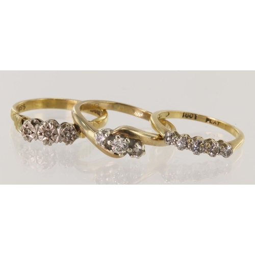 794 - Three 18ct gold/tests 18ct diamond rings, trilogy ring TDW approx. 0.22ct. Five stone ring TWD appro... 