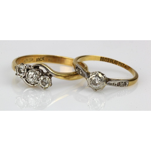 795 - Two yellow gold (tests 18ct) diamond rings, finger sizes H/I, P/Q, total weight 4.5g.