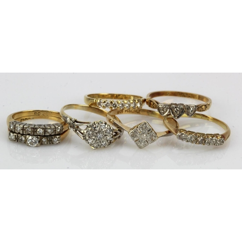 796 - Six 18ct gold/tests 18ct diamond rings, finger sizes G/H, I, K/L, L, M/N, P, total weight 14.2g.