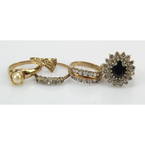 808 - Five 9ct gold/tests 9ct rings, stones include sapphire, cultured pearl and CZ, finger sizes G/H, P x... 