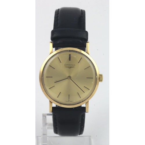 85 - Gents 9ct gold cased 1974 Longines manual wind wristwatch. The gilt dial with black baton hour marke... 