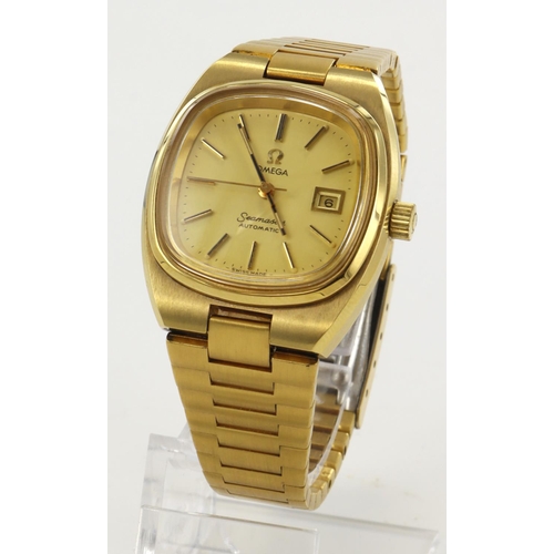 92 - Ladies gold plated Omega Seamaster automatic. The square gold dial with gilt baton markers and date ... 