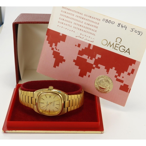 92 - Ladies gold plated Omega Seamaster automatic. The square gold dial with gilt baton markers and date ... 