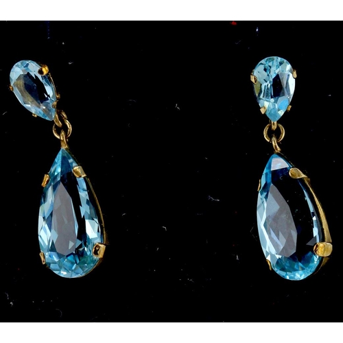 923 - Pair of 9ct yellow gold Swiss blue topaz drop earrings, two pear cuts in each stud, post and scroll ... 